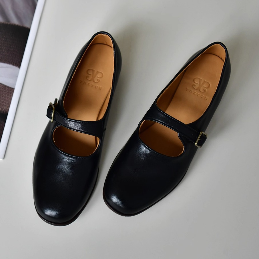 皮厚先生 百搭头层胎牛皮圆头玛丽珍浅口单鞋女低跟软底舒适春秋