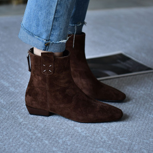 皮厚先生 羊反绒低跟时装靴子真皮温柔百搭短鞋粗跟2025秋冬新款