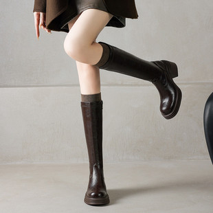 皮厚先生   秋冬新款弹力皮高筒靴女粗跟厚底骑士靴不过膝长靴子