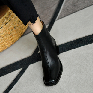 皮厚先生 黑色方头女靴牛皮粗跟短靴女 秋冬新款高跟及踝靴