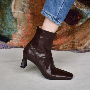 皮厚先生 羊皮时装靴短靴方头高跟真皮女靴