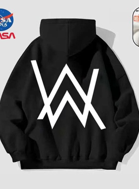 NASA艾伦沃克连帽卫衣男潮牌加绒重磅黑色字母印花外套休闲风情侣