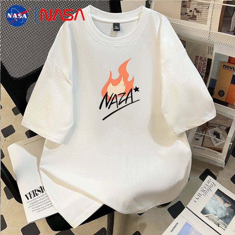NASA短袖T恤男白色火焰印花圆领宽松潮流上衣潮牌休闲纯棉2026夏,男装,T恤,淘宝优惠券,粉丝福利购,淘宝优惠卷