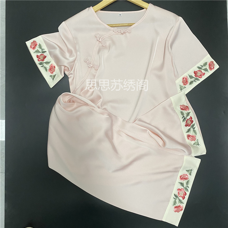 苏州刺绣绣花盘扣套头夏季短袖睡衣女套装醋酸真丝民族风家居服