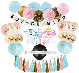 gender shower布置拉旗 reveal迎婴派对宝宝性别揭示气球纸屑baby