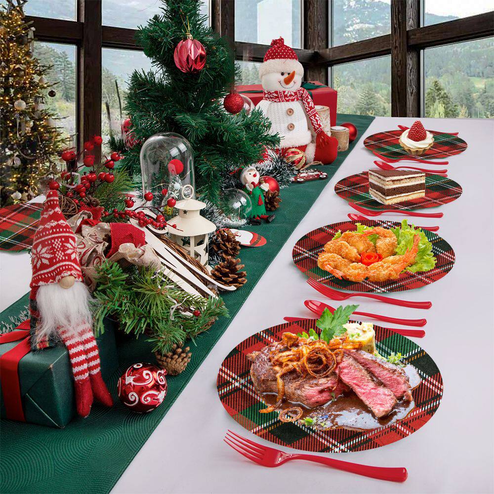 圣诞节经典格子派对装饰桌台一次性纸盘纸杯纸巾套装聚会氛围布置