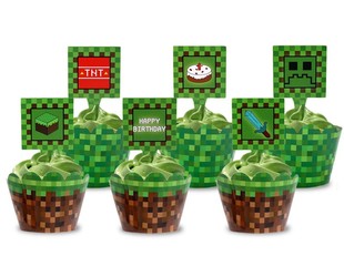 世界Minecraft积木儿童生日派对无底纸杯蛋糕装 我 饰围边插牌