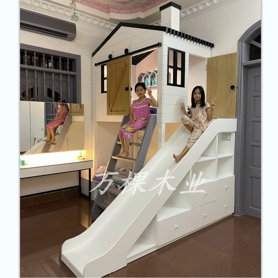 定制儿童谷仓门城堡高低床创意树屋床男女孩上下床房子滑梯双层床