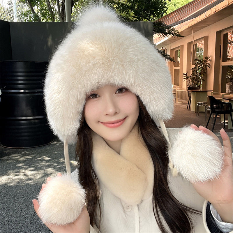 冬季新款狐狸毛皮草雷锋帽 针织加绒毛线帽甜美可爱护耳保暖女帽