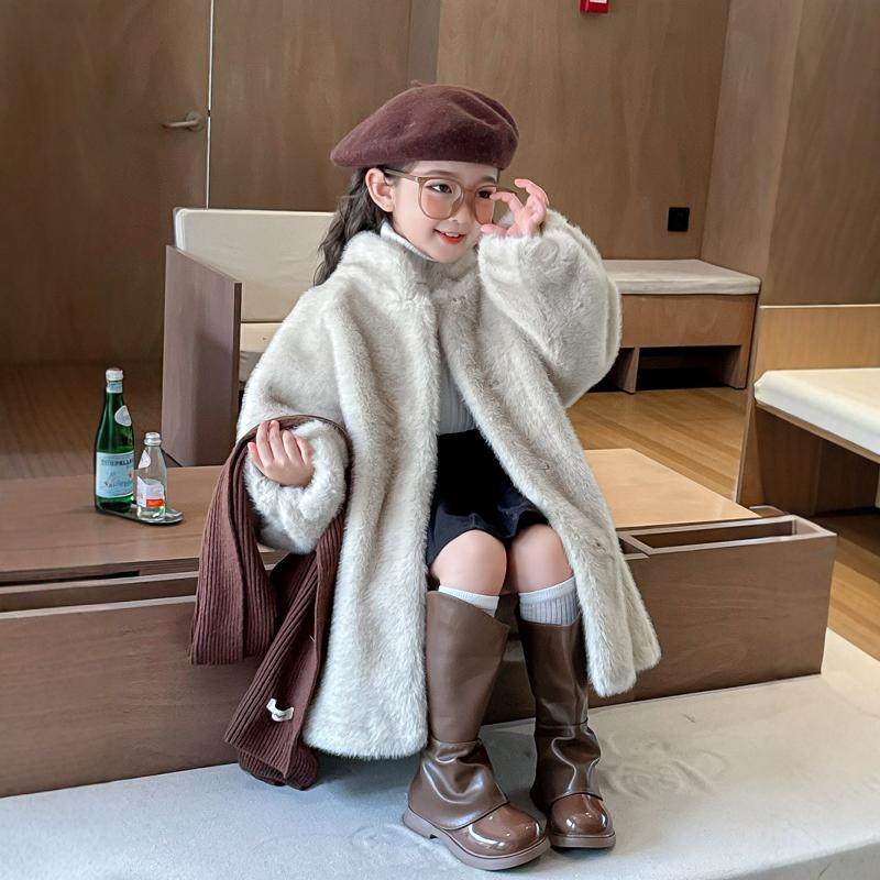 2025秋冬新款儿童中长款外套宝宝仿皮毛一体大衣女童加厚保暖棉衣