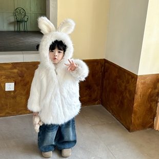 男童加厚加绒棉服女孩冬季 洋气毛毛外套宝宝连帽可爱耳朵棉衣韩版