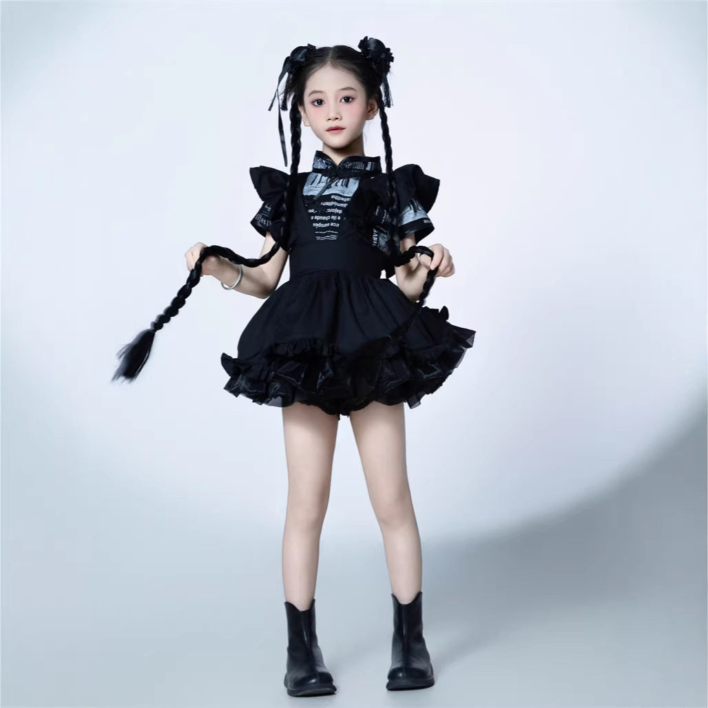 《中华娘》女童国风旗袍lolita蓬蓬裙走秀酷帅黑白印花中大童二次