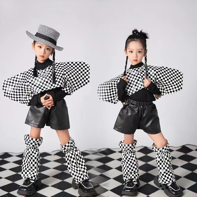 女童黑白棋盘摇滚风裤套装