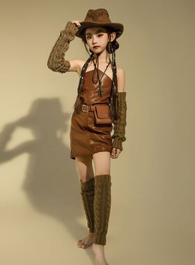 女童西部牛仔服潮服走秀牛仔主题T台表演辣妹风8牛仔帽皮裙朋克