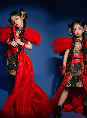 国潮女童走秀潮服民族风中国风女童模特T台中式礼服古风山河图服