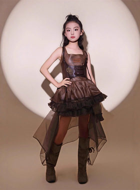 蒸汽时代女童棕咖连衣裙皮蒸汽朋克复古风走秀T台机械风中大童8