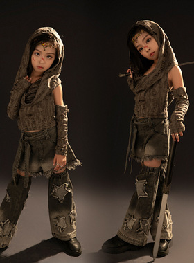 沙丘废土风辣妹女童T台走秀骑士西部牛仔风儿童复古朋克车模套装