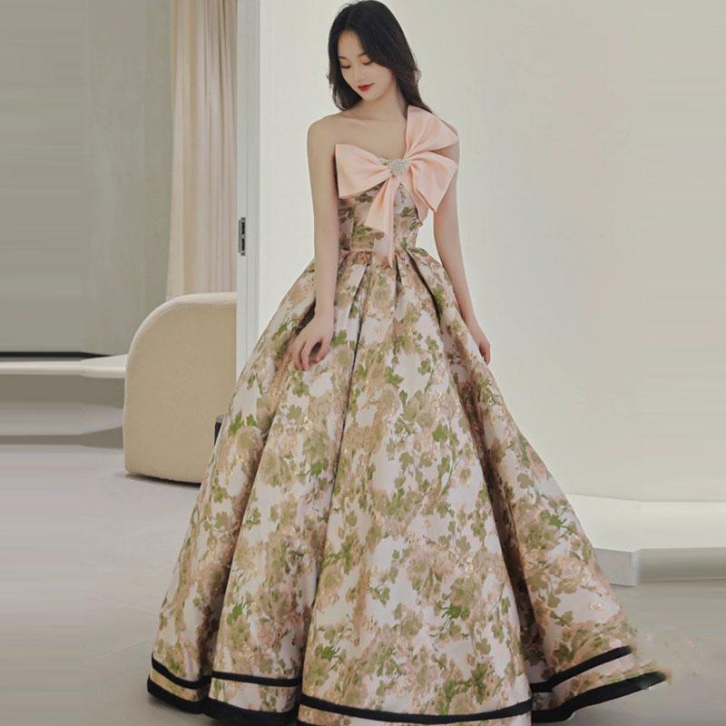 蝴蝶结镶钻斜肩长裙主持晚宴聚会演出礼服性感抹胸露背碎花连衣裙