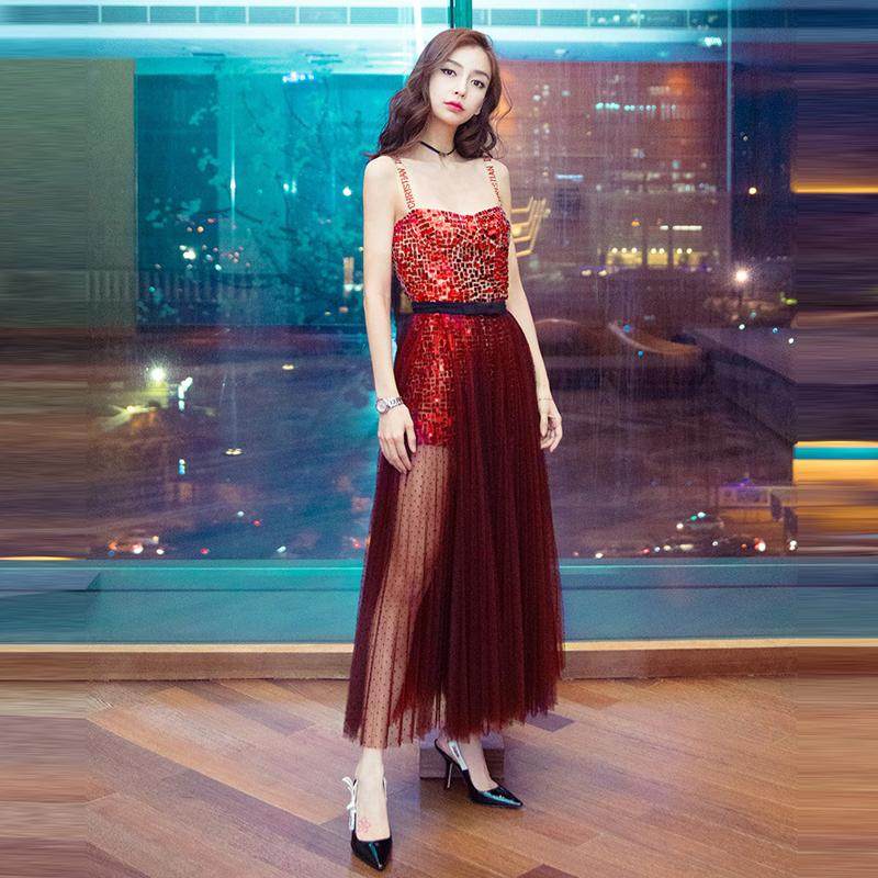 名媛气质红色亮片网纱吊带裙子两件套装主持人晚宴聚年会小礼服女