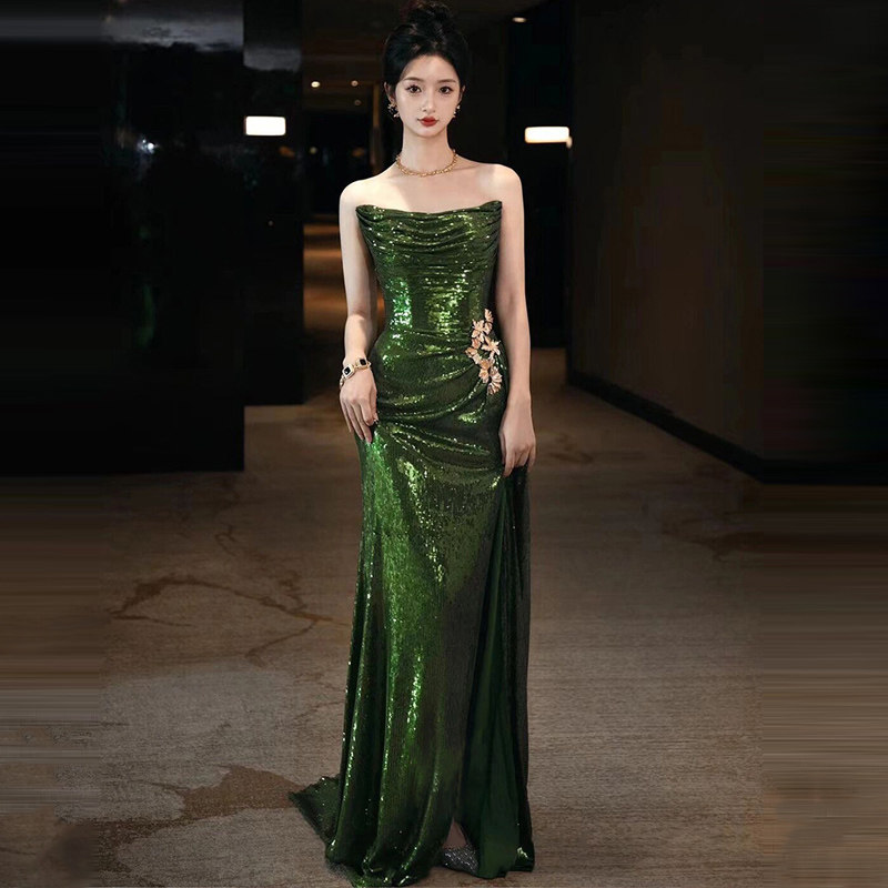 抹胸绿色亮片晚礼服高级感收腰显瘦鱼尾长裙表演主持人礼服连衣裙