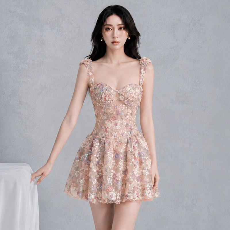 甜美吊带亮片花朵刺绣公主短裙女