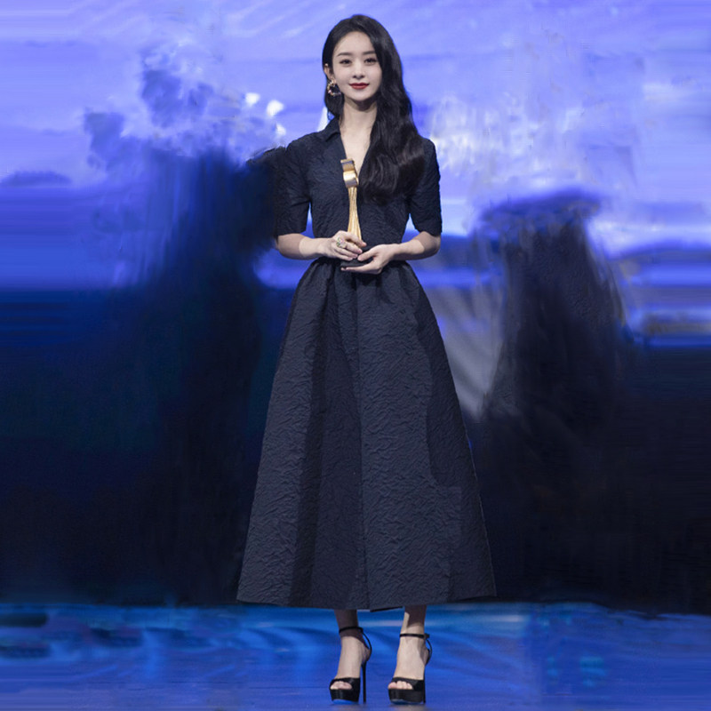 深色V领A字显瘦通勤礼服连衣裙女
