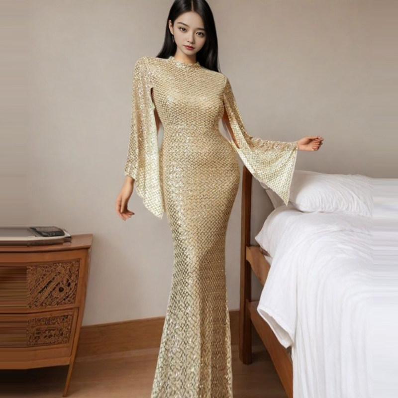 金色亮片喇叭袖修身显瘦礼服长裙
