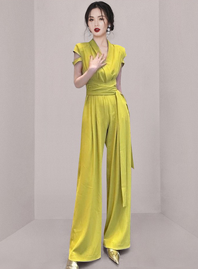 韩国时尚气质职业装连衣裤女新款黄色显白V领绑带收腰显瘦连体裤