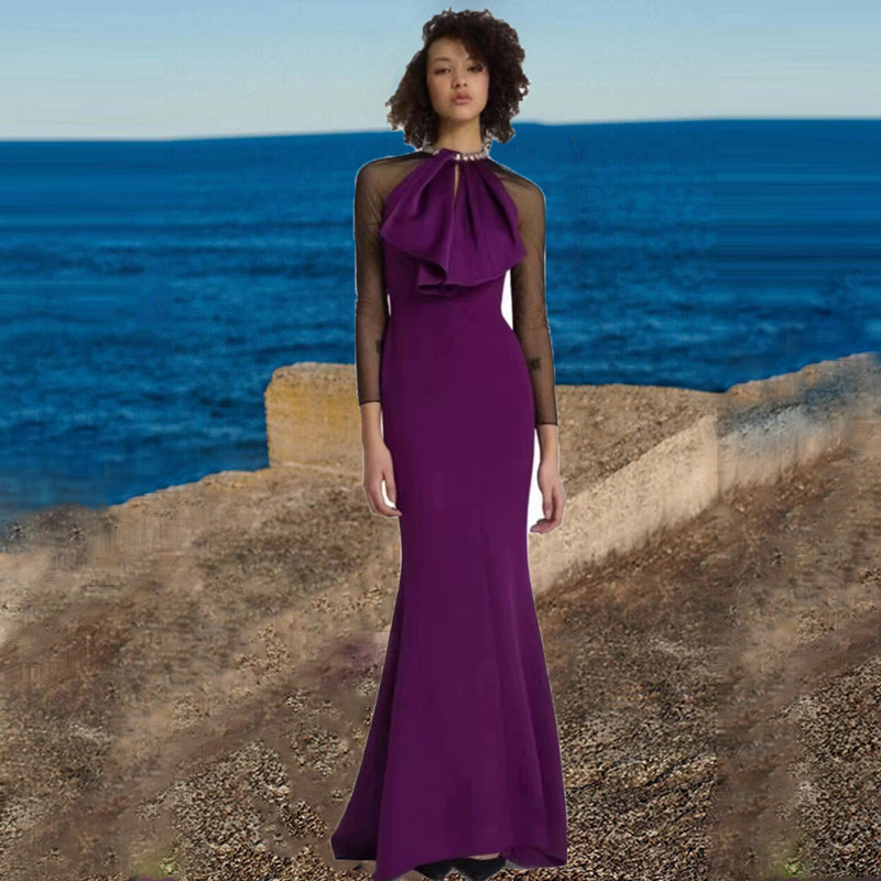 紫色蝴蝶结挂脖晚礼服女气质名媛高端鱼尾长裙修身显瘦包臀连衣裙