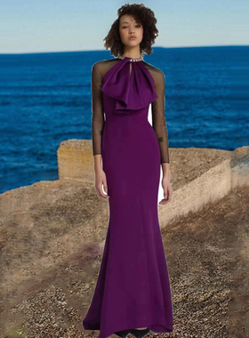 紫色蝴蝶结挂脖晚礼服女气质名媛高端鱼尾长裙修身显瘦包臀连衣裙