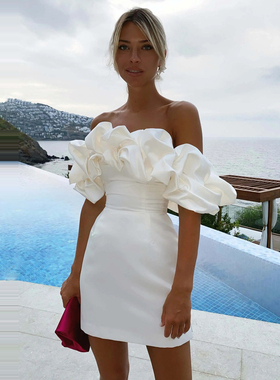 一字肩荷叶边修身包臀名媛连衣裙性感露背生日晚宴聚会白色小礼服