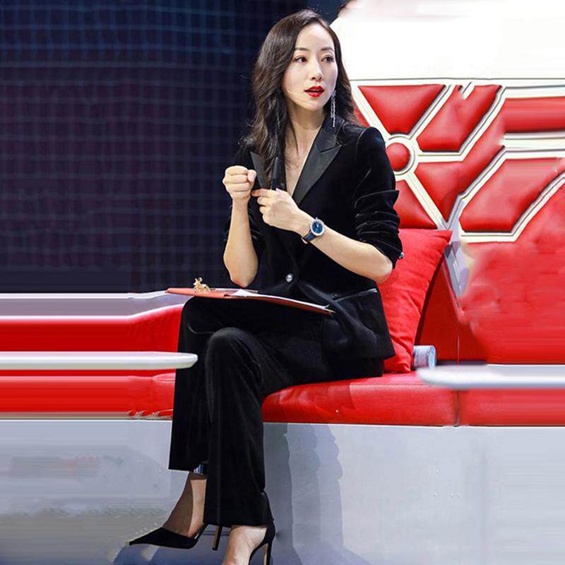 复古黑色显瘦金丝绒西装外套女韩版时尚两件套装职业休闲西服长裤