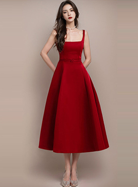 法式气质红色吊带连衣裙女宴会主持人伴娘晚礼服收腰显瘦名媛长裙