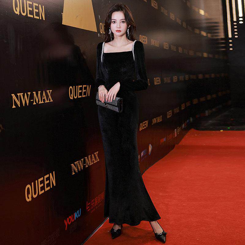 名媛气质方领修身显瘦连衣裙主持人晚宴年会礼服黑色丝绒鱼尾长裙