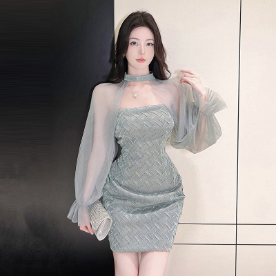 网纱披肩裹胸包臀连衣裙两件套装