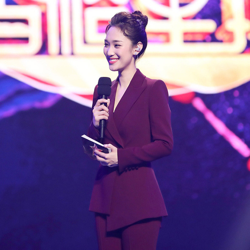 名媛气质酒红色西装不规则小西服外套阔腿长裤修身显瘦两件套装女