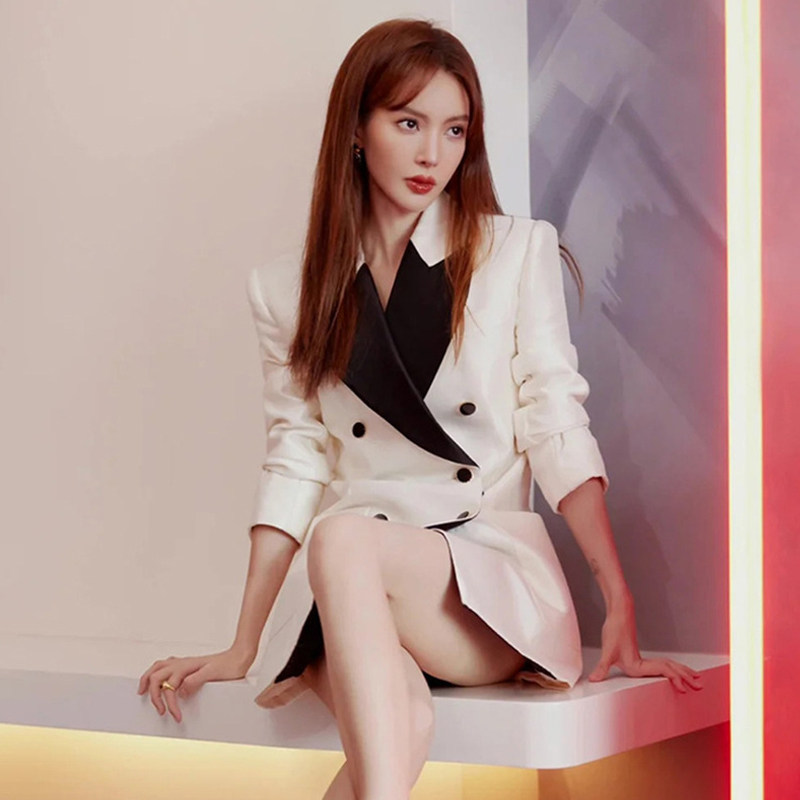 名媛气质黑白撞色双排扣西服裙女