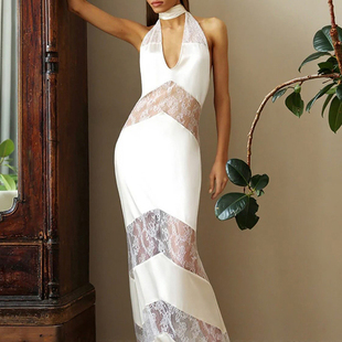 欧美性感挂脖露背长裙系带蝴蝶结白色晚礼服蕾丝拼接飘带连衣裙女