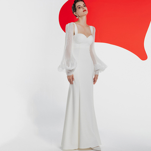 名媛气质裹胸露背白色长裙晚宴聚会主持礼服灯笼袖修身显瘦连衣裙