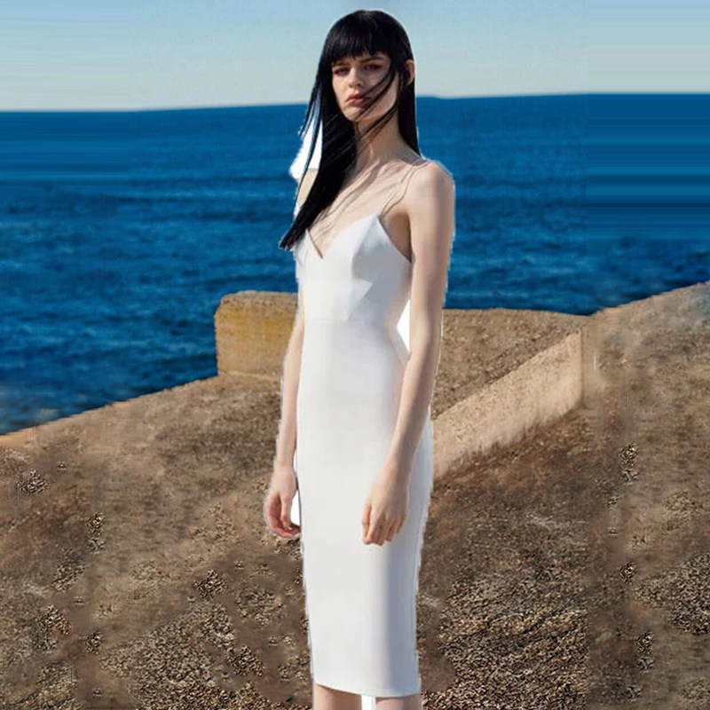 白色吊带晚礼服女气质名媛宴年会主持人演出服修身显瘦包臀连衣裙