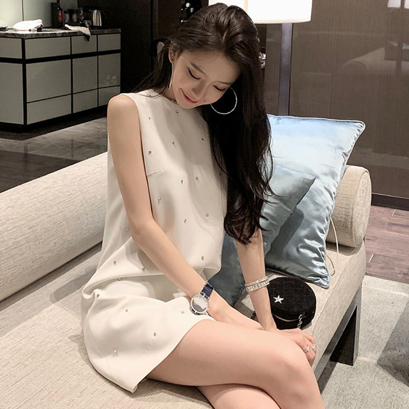 小香风无袖背心裙钉珠水钻A字裙生日晚宴聚会礼服短裙名媛连衣裙