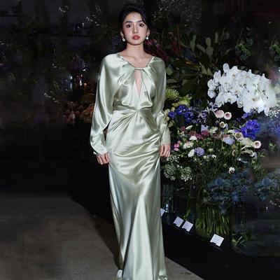 法式v领露背长袖绿色连衣裙礼服