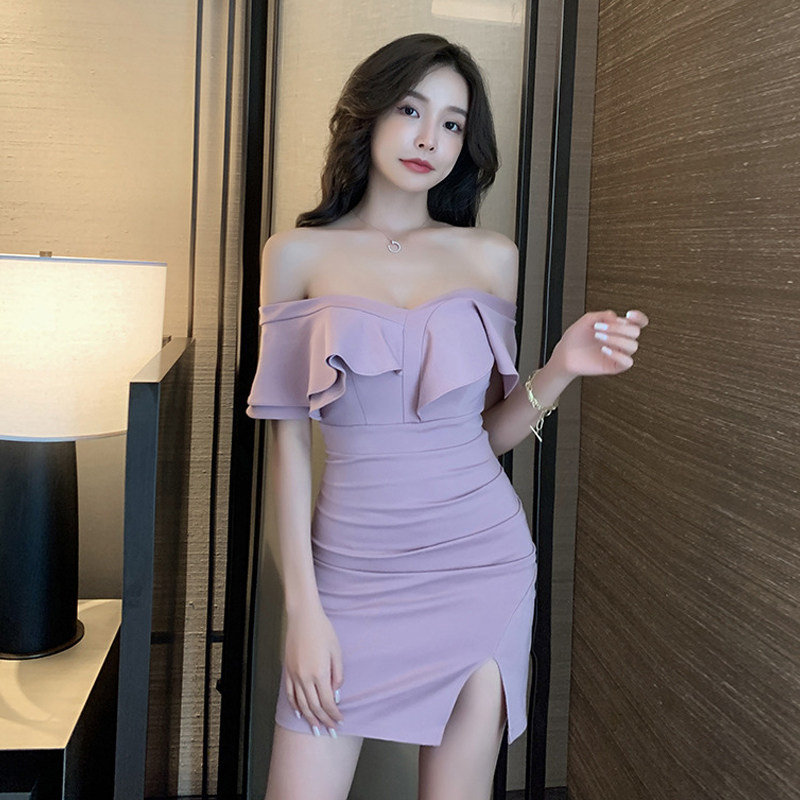 一字肩露背生日晚宴聚会小礼服短裙裹胸荷叶边修身包臀开叉连衣裙