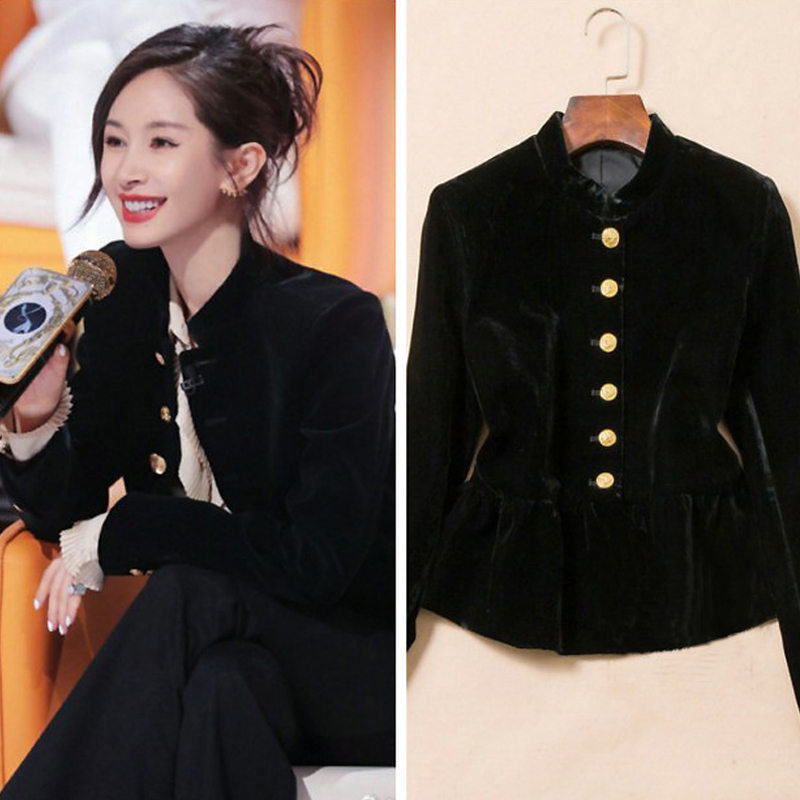 小香风黑色丝绒修身显瘦夹克外套