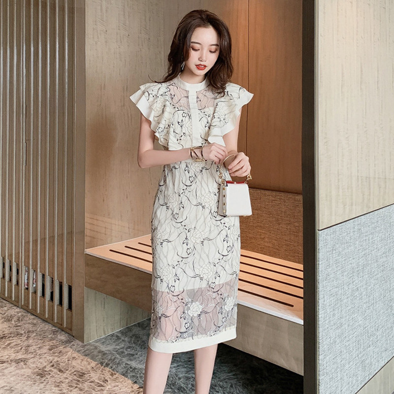 法式立领挂脖荷叶袖蕾丝拼接中长款韩版时尚修身显瘦包臀连衣裙女