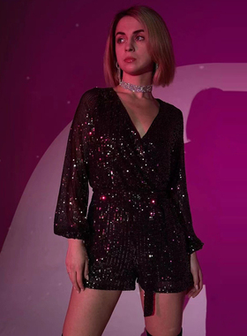 欧美潮流时尚深V领亮片连衣裤聚会派对小礼服系带收腰显瘦连体裤