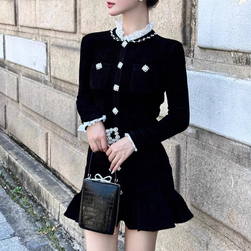 法式千金风黑色丝绒收腰连衣裙女