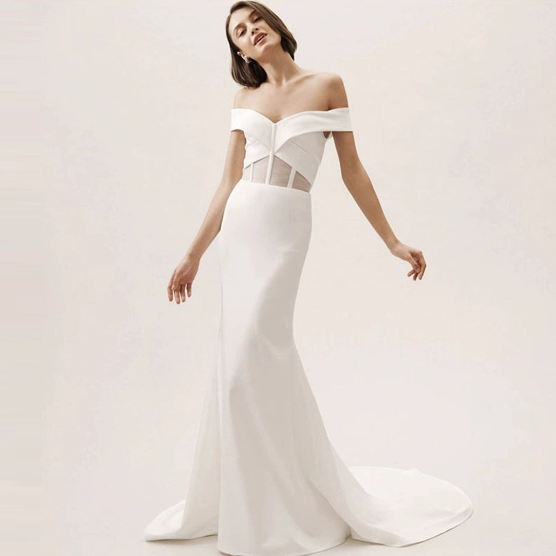 一字肩白色晚礼服气质名媛修身显瘦高端宴会主持人长款拖尾连衣裙