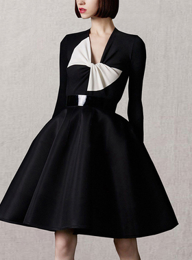 赫本风黑白色拼接蝴蝶结连衣裙名媛收腰显瘦聚会小礼服蓬蓬A字裙