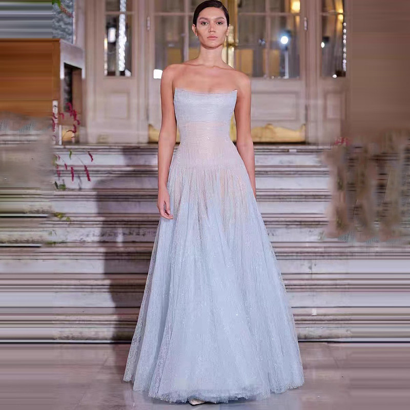 仙女蓬蓬裙抹胸性感优雅长裙伴娘服轻奢大摆网纱晚礼服显瘦连衣裙